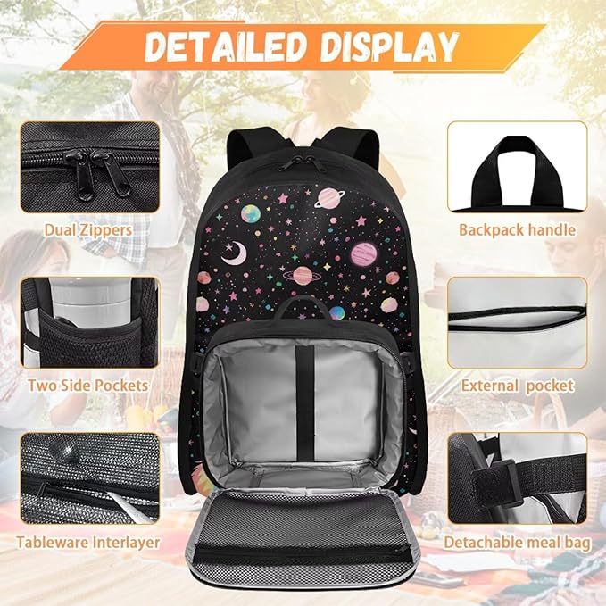 HUGS IDEA Cosmic Cat Backpack for School Girls 3th Grade School Bag for Kids 17 Inch Students Bookbag Lightweight School Bookbag for Girls with Lunch Bag Large Kids Travel Daypack