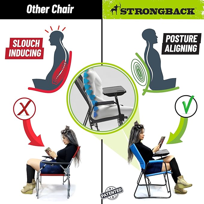 STRONGBACK Outdoor Chair Director Portable Camping Chair with Lumbar Support and Side Table - Heavy-Duty Foldable Chair - Black