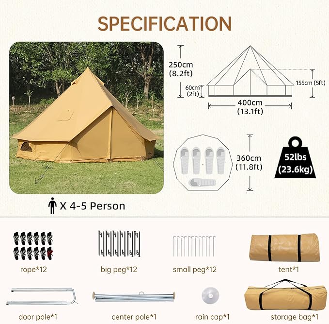 Cotton Canvas Bell Tent with Stove Jack, Roomy Yurt for Family Glamping Camping, 4 Season Tent with Zipped Removable Floor