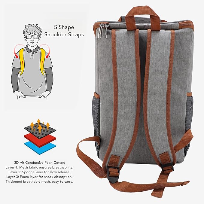GOWENIC Cooler Backpack, Backpack Cooler Insulated Leak Proof for Men Women, Large Capacity Multi Compartment Storage Rain Proof, for Beach Travel Picnic Lunch Hiking Camping (Gray with Orange)