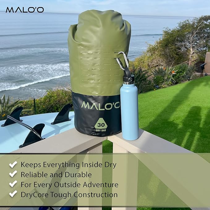 Malo’o DryPack 30L Waterproof Kayak Dry Bag, Heavy Duty Roll-Top Dry Bag with MOLLE Grid and Carry Straps for Fishing, Paddle Boarding, Boating, Camping, and Travel, Green