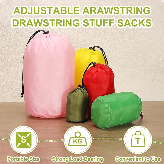 Stuff Sack, Nylon Waterproof Storage Sacks Portable Drawstring Dry Stuff Bag Gear Organization with Toggle, 7x13Inch Fit for Backpacking Camping Traveling Hiking(Green)