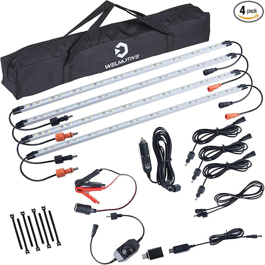 12V LED Light Bar Kit, 2 Bars White & 2 Bars Amber Adjustable Brightness RV Camping Lights - Waterproof IP67, Magnetic & Velcro Mount, Portable Lighting for Tent, Car, Trailer, Boat, Truck, Off-Road
