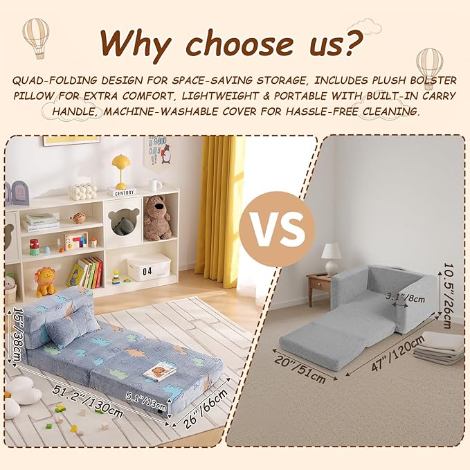 Folding Sofa Bed Floor Mattress for Kids with Pillow Toddler Glow in Dark Washable Mat for Sleeping, Child Fold Up Dinosaur Chair Bed with Storage Bag for Playroom, Camping, Girls Boys, Blue