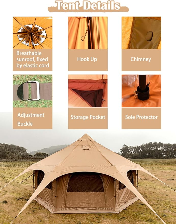 Thcbme 5M Cotton Canvas Bell Tent - Yurts with Stove Jack, Windproof, Breathable Shade, Family Camping Travel, Group Activities, 4 Season Polyester (6-10People), Khaki, 16.4ft (MXT16.4ft-KQ)