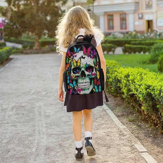 Daypack Backpack Anti-Theft Multipurpose Big Capacity Bookbag, Mexican Skulls Colorful Butterfly Business Computer Bag With Side Pockets