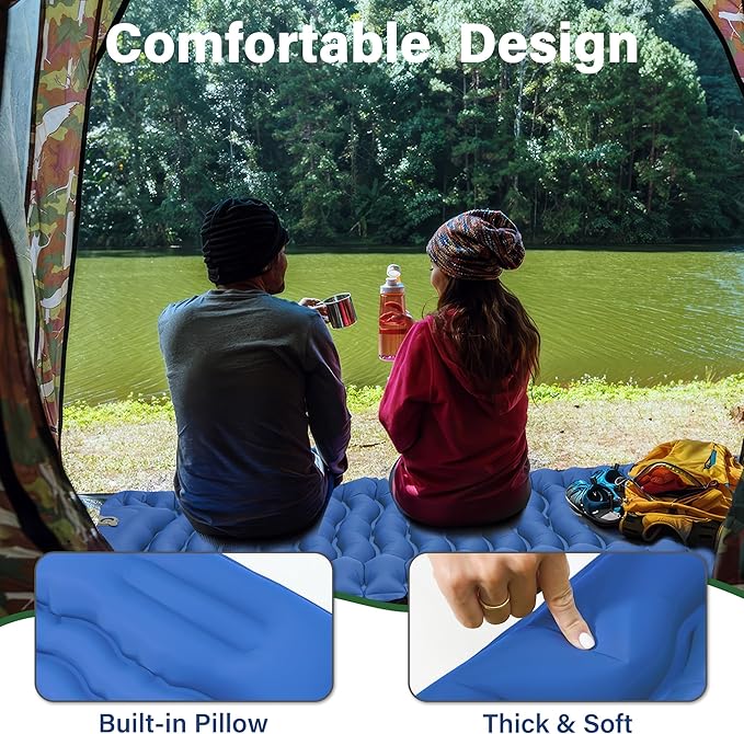 Sleeping Pad for Camping, Backpacking Self Inflating Sleeping Pad Ultra Lightweight, Air Inflatable Foldable Camp Hiking Sleep Mat for Outdoor Tent 4 inch Thick, Navy Blue