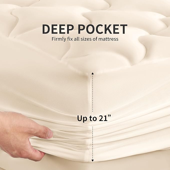 SLEEP ZONE Mattress Pad Twin Size, Elastic Fitted Mattress Protector for Kids, Deep Pocket 8~21 inch Mattress Topper, Machine Washable, Microfiber, Easy Care (Beige, Twin)