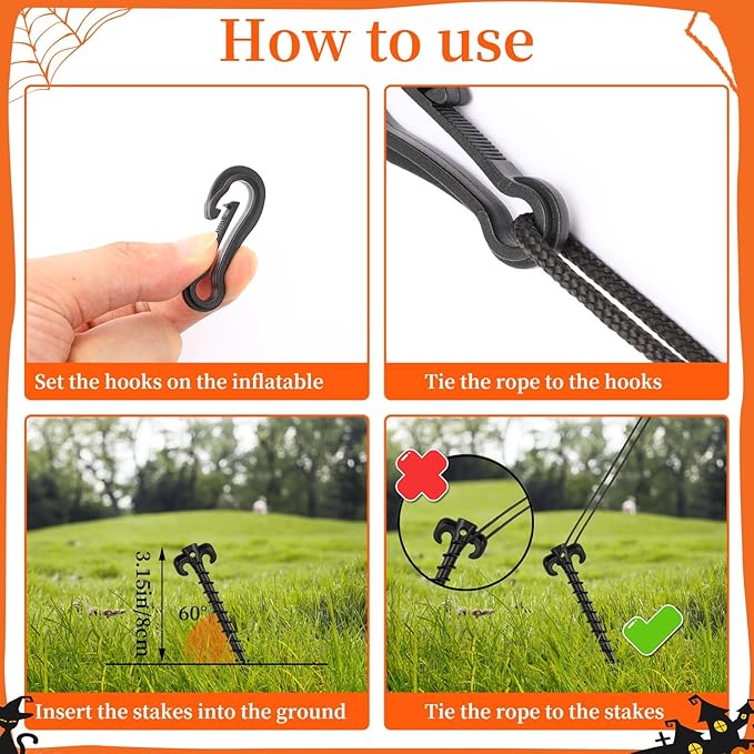 AUGSUN 54 Pieces Plastic Inflatable Stakes Set, Include Tent Stakes, Tethers Ropes and Hooks Heavy Duty Garden Yard Stakes for Halloween Christmas Outdoor Decorations Black