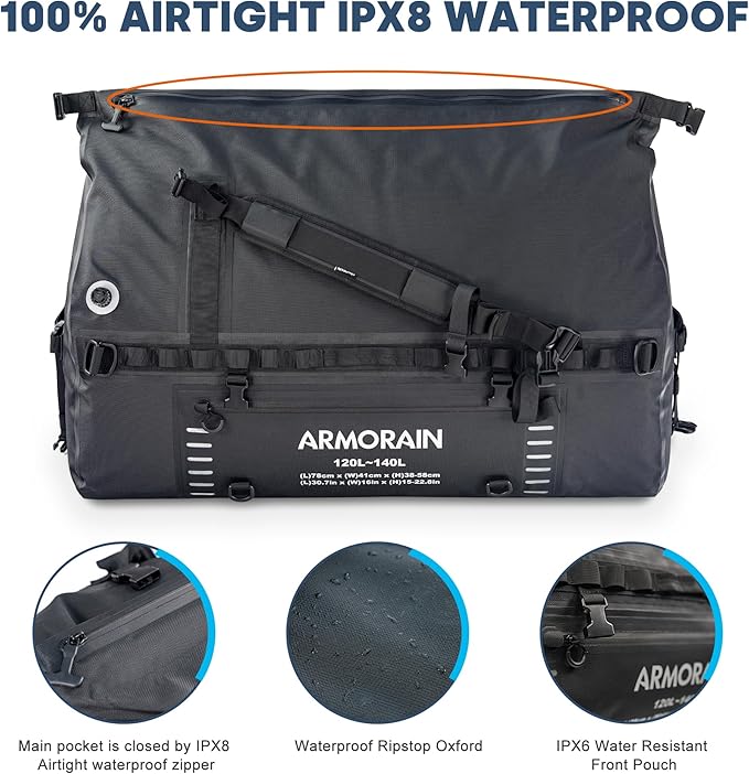120-140L large Capacity Airtight Waterproof Travel Dry Bag,Equipped with Durable Inflatable Shoulder Straps and Handles Suitable for Diving Equipment Motorcycles Rowing Kayaking Camping
