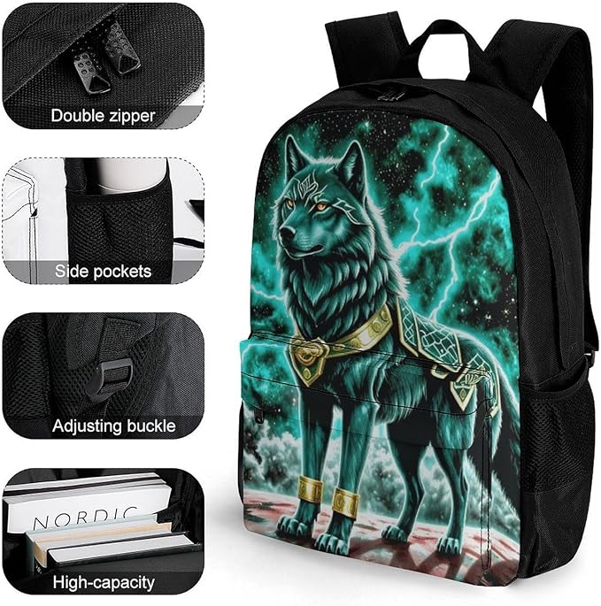 Polyester Daypack Backpack for Climbing Outdoors Running, Big Capacity Multipurpose Anti-Theft Bookbag, Mountain And Northern Light Wolves Psychedelic Travel Hiking Camping Rucksack