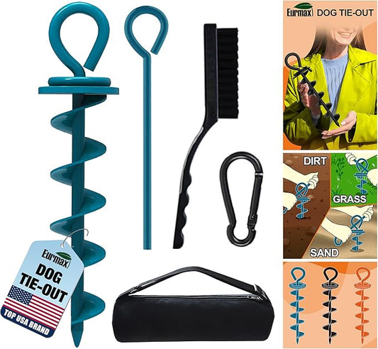 Eurmax USA Heavy Duty Dog Tie Out Stake for Large Dogs up to 210 lbs,Dog Stakes for Outside,Ground Anchor for Dog Leash,Runner Cable,and Pet Gadget Dog Accessories Trampoline Stakes 1-Pack(Navy Blue)