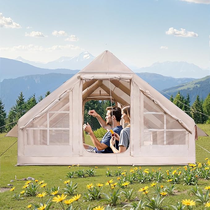 VEVOR Inflatable Tents for Camping, Easy Setup Blow up Tent with Hand Pump, 4 Season Glamping Tent with Stove Jack, Doors & Mesh Windows, Storage Bag Included for Easy Taking
