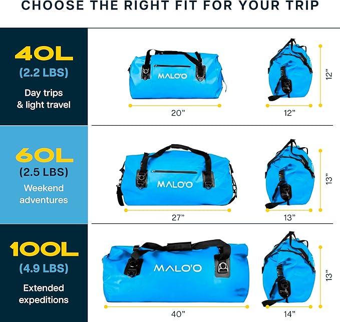 Malo’o Waterproof Dry Duffel, Heavy-Duty Roll Top Waterproof Gear Bag with Shoulder Strap & Molle Loops, Marine Duffel for Kayaking, Boating, Camping, Beach & Travel, Blue, 40L