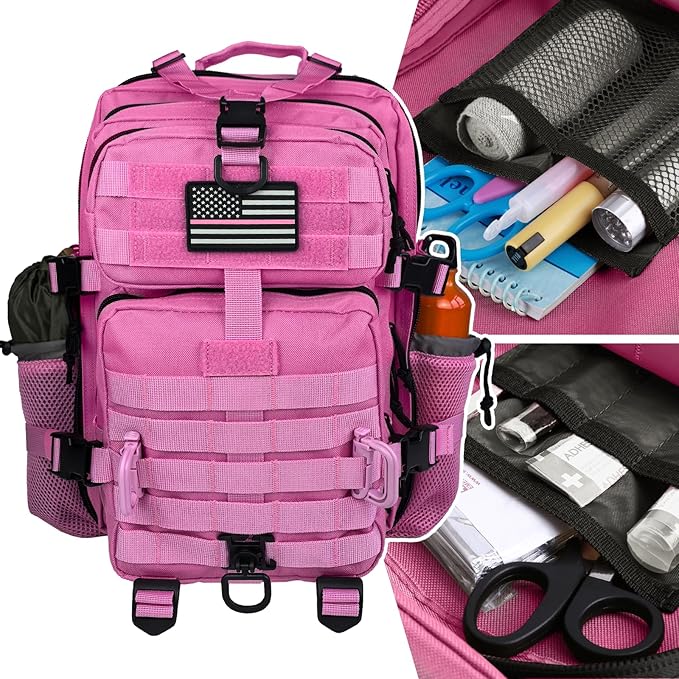 30L MOLLE Assault Pack, Tactical Backpack Military Army Camping Rucksack with Bottle Holder, 3-Day Pack, Pink