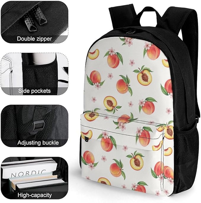 Supdreamc Men Women Polyester Pink Watercolor Peach Leaves Flowers Floral Daypack Bookbag Big Capacity Shoulder Bag With Padded Straps for Climbing Travel Walking Cycling
