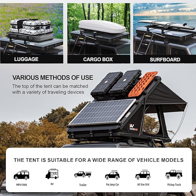 Naturnest Hardshell Rooftop Tent with 2 Luggage Racks, Car Roof Top Tent with AC Inlets, 3-Color LED Lights and Internal USB Plug for Vans, Jeeps, SUVs and Trucks, 2-3 Person
