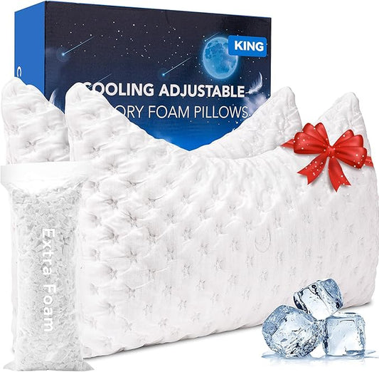 Cooling Side Sleeper Pillow for Neck and Shoulder Pain, Luxury Shredded Memory Foam Curved Bed Pillows for Sleeping Set of 2- Adjustable King Size- Washable Cover Crescent White