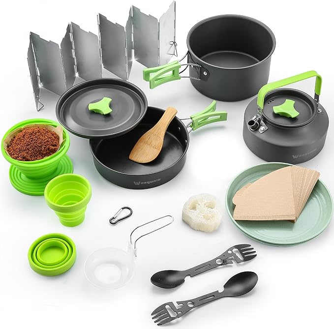 Camping Cooking Cookware Mess Kit - Non-Stick Lightweight Pot Pan Kettle Set with Collapsible Pour Over Coffee Dripper, Outdoor Kitchen Cook Essentials Gear for Camping Hiking Picnic