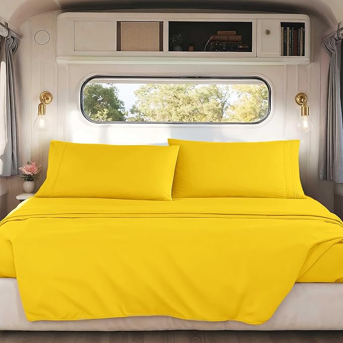 Hearth & Harbor Short Queen Sheets for RV, Yellow RV Queen Sheets, Silky Soft 1800 Microfiber Bed Sheet for Camper, 4 Piece RV Bedding with Pillowcases