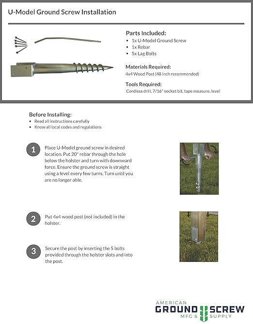 American Ground Screw U-Model - Easy-Install No-Dig Ground Anchor for Standard 4x4 Posts (Actual 3.5"x3.5") - Durable 27" Screw-in Stake for Mounting Wooden Posts