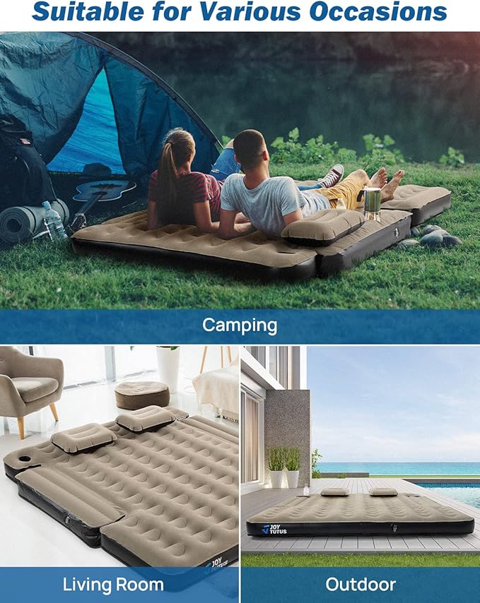 JOYTUTUS Truck Bed Mattress for 5.5-5.8Ft, Full Size Inflatable Mattress Pickup Short Beds for Outdoor Camping, with Carry Bag & Cup Holder & Cavity Design, Camel&Black