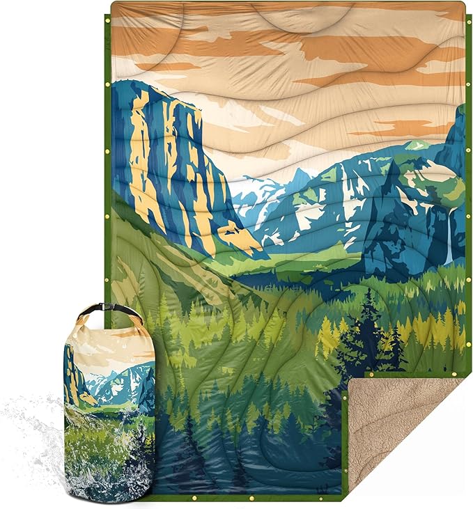 Outdoor Camping Blanket with Sherpa Lining, Extra Warm Thick Camp Blankets and Puffy Ultralight Soft Poncho DWR Camping Quilt for Cold Weather, Adventure, Sleeping, Backpacking 78"x 56"