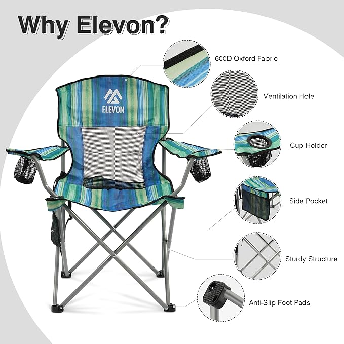 Elevon Folding Camping Chairs, Portable Outdoor Beach Chair for Adults with Carry Bag & Cup Holder, Foldable Lawn Chair with Mesh Backrest for Camp Fishing Hiking Travel Picnic Sports,