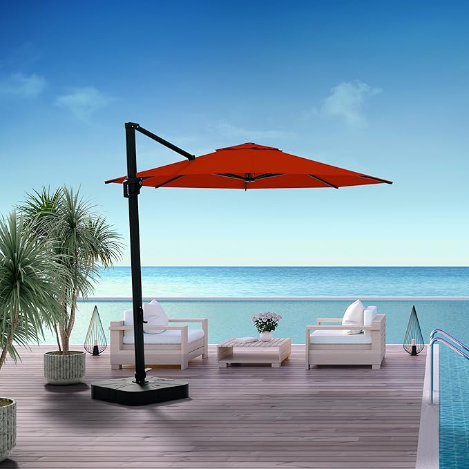 Midtown Umbrellas 10 Ft Outdoor Cantilever Patio Umbrella w/Sunbrella Red Acrylic Fabric - 360° Rotate Offset Patio Umbrella, Deck Patio Umbrella, Backyard Umbrella & Garden Umbrella - Black Frame