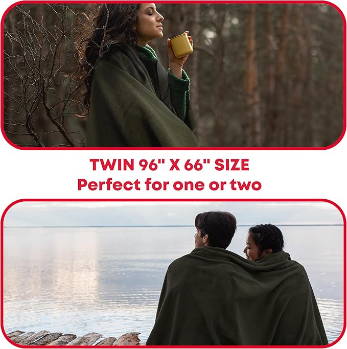 Military Wool Blanket - 80% Wool, Washable, Perfect for Outdoors, Camping, Picnic, Travel, Car & Bushcraft Emergency Blanket, 96" x 66", 5 lbs. - Olive Drab Green - Twin