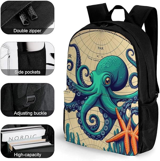 Supdreamc Rucksacks Lightweight Multipurpose Anti-Theft Retro Octopus Art Shoulder Bag Large Capacity Business Computer Bag With Smooth Zippers