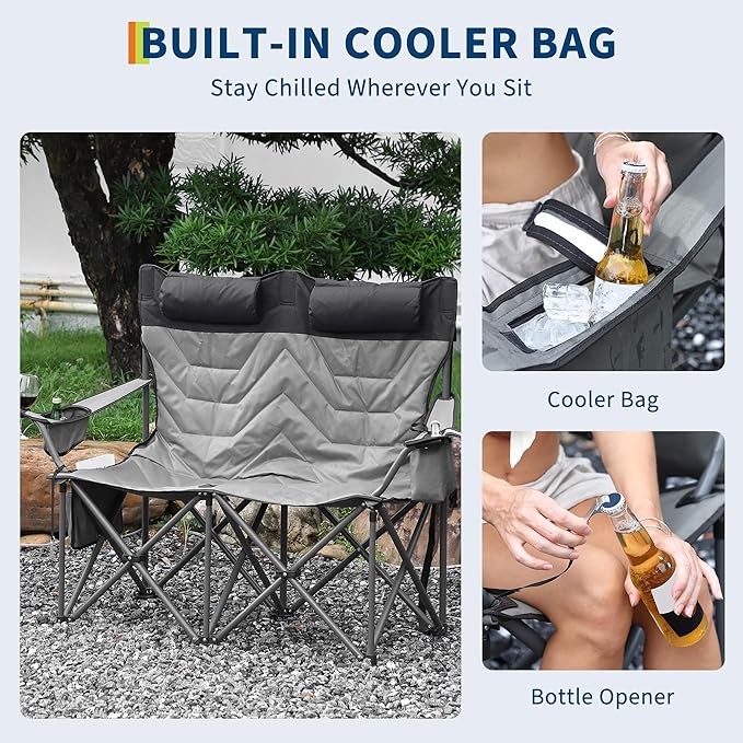 GAOMON Oversized Double Camping Chair with High Back, Pillow - Heavy Duty Folding Loveseat for 900lbs Capacity, Portable Support for Camping, Beach, Backyard
