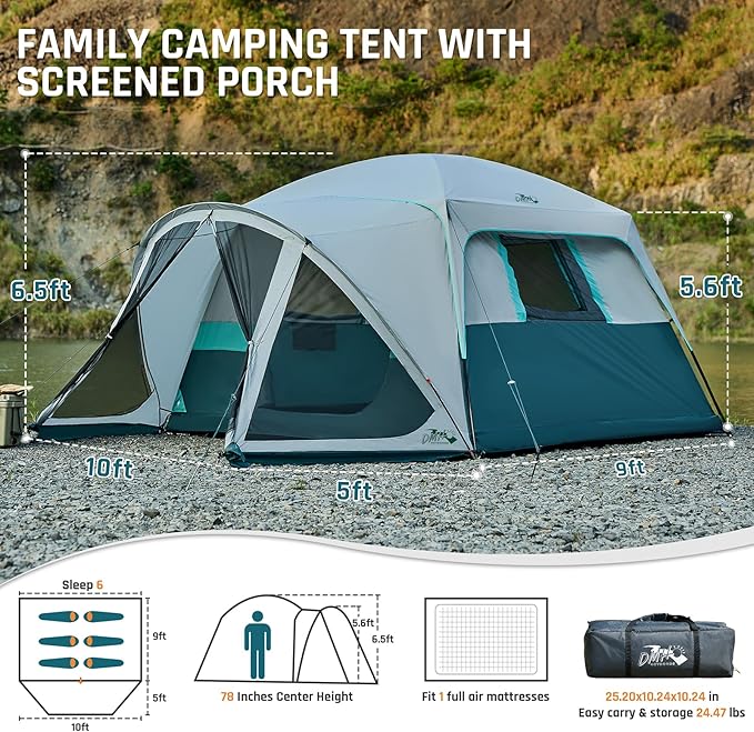 Tents for Camping 6/10 Person Camping Tent with Screen Porch, Weatherproof Large Cabin Tent with Rainfly and Carry Bag, Family Tent for Outdoor Camping and Backyard