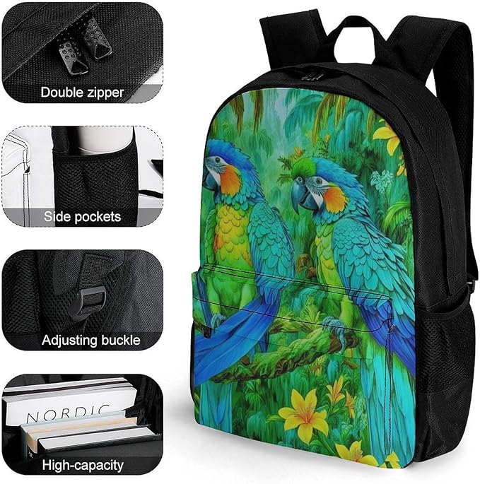 Supdreamc Adults Lightweight Parrots Spirit Art Rucksacks Large Capacity Bookbag With Adjustable Shoulder Straps for Trekking Outdoors Bicycle