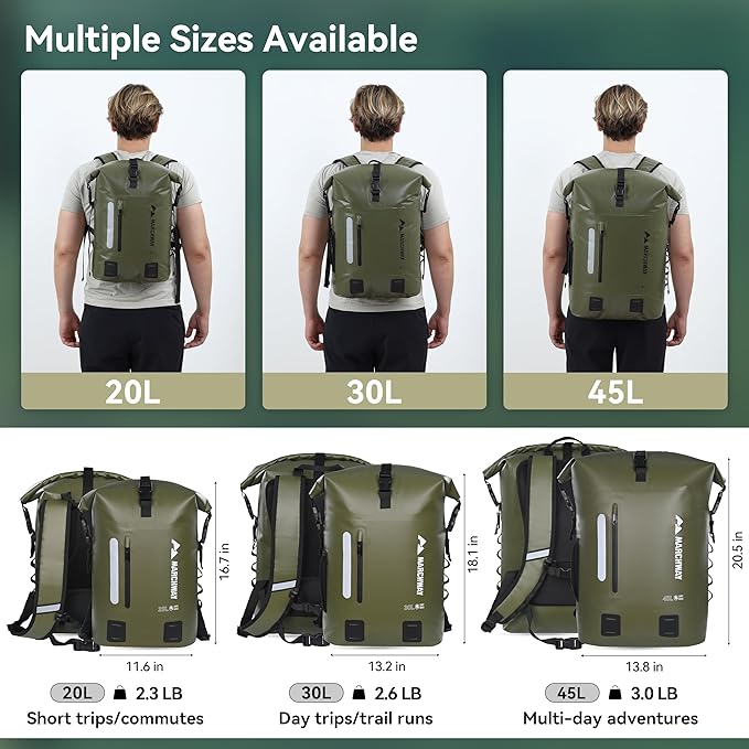 MARCHWAY Roll Top Waterproof Backpack, Floating Dry Bag 20L/30L/45L with Ergonomic Rectangular Base, Cushioned Back, Hip Strap for Hiking Camping Kayaking Travel (Army Green, 20L)