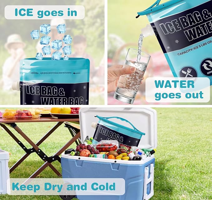 2Pcs Reusable Ice Bag with 1 Clips (2.5lb&5lb), Refillable Ice Bags for Cooler, Ice Cube Bag for Freezer, Storing Ice Packs for Lunch Boxes, Fishing, Camping, Hiking Trip (1 Large&1 Medium)