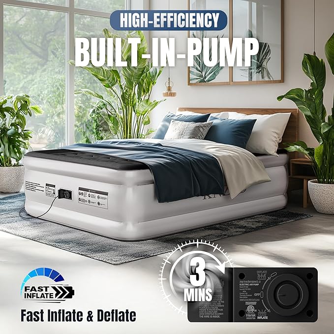 Queen Air Mattress with Built-in Pump, 18" Top Inflatable Mattress with Waterproof Flocking Fabric, Three-Minute Quick-Inflatable Bed. Portable Blow Up Mattress for Home, Outdoor and Guests