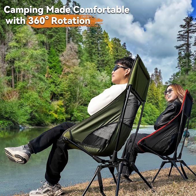 Upgraded 360° Swivel Folding Camping Chair, Lightweight High Back Portable Chairs with Head Support, Compact & Stable for Outdoor Camp, Travel, Beach, Picnic, Festival, Fishing, Hiking, Backpacking