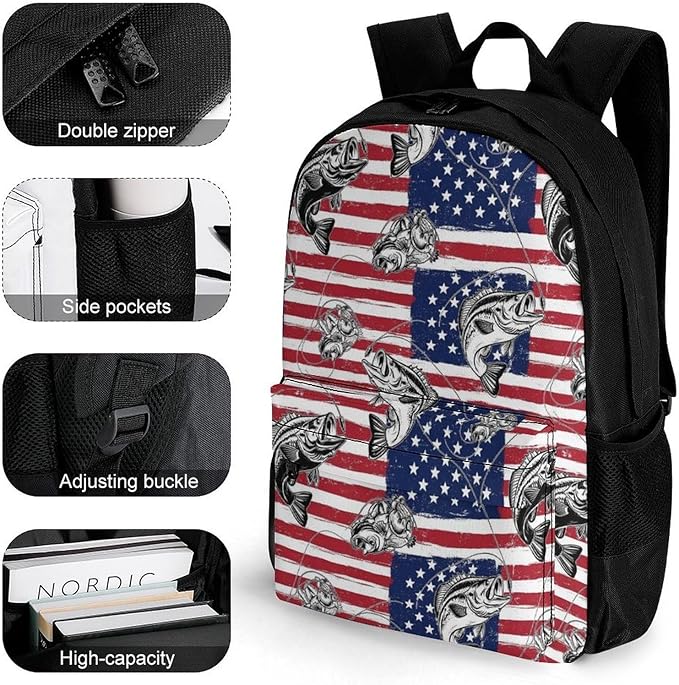 Backpack Anti-Theft Multipurpose Large Capacity Carry On Bag, Bass Fish Fishing Lure American Flag Camping Outdoor Backpack With Side Pockets