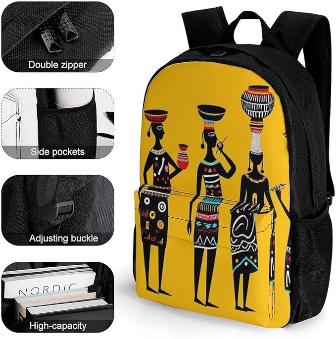 Men Women Lightweight Traditional African Women Art Casual Daypack Big Capacity Bookbag With Padded Straps for Gym Travel Walking Cycling