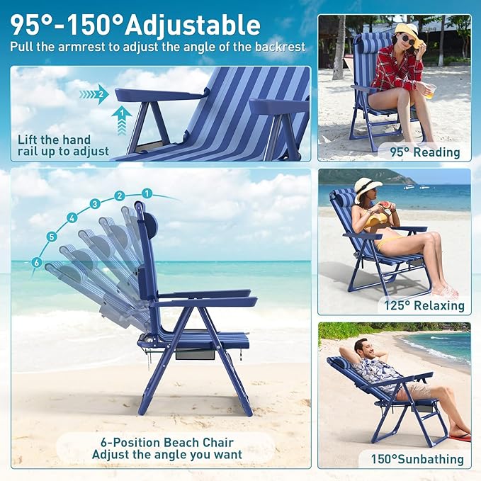 Suteck Backpack Beach Chairs for Adults 2 Pack, 6-Position Folding Reclining Chair with Cooler Bag & Cup Holder, Lightweight Portable Beach Chair for Camping, Outdoor, Sand, Travel Use