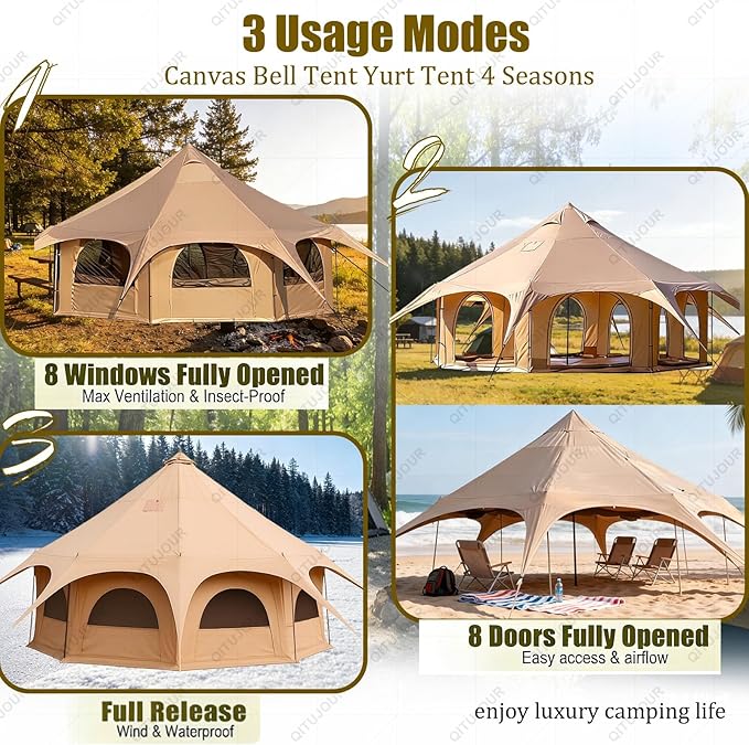 Canvas Bell Tent Wall Tent for Glamping & Camping, Waterproof Canvas with Stove Jack, Removable Floor & 8 Mesh Windows, Fits 12-15 People with 8 Mesh Windows & Removable Floor