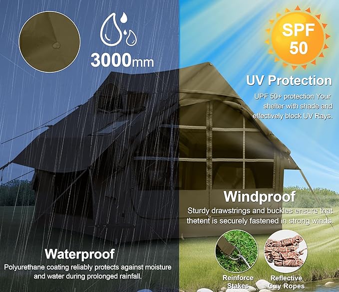 Inflatable Tents for Camping with Stove Jack, 2/4/6/8 Person Easy Setup Blow Up Tents for 4 Seasons Waterproof Inflatable Camping Tent with Awning, Air House Glamping Tents for Camping Adult