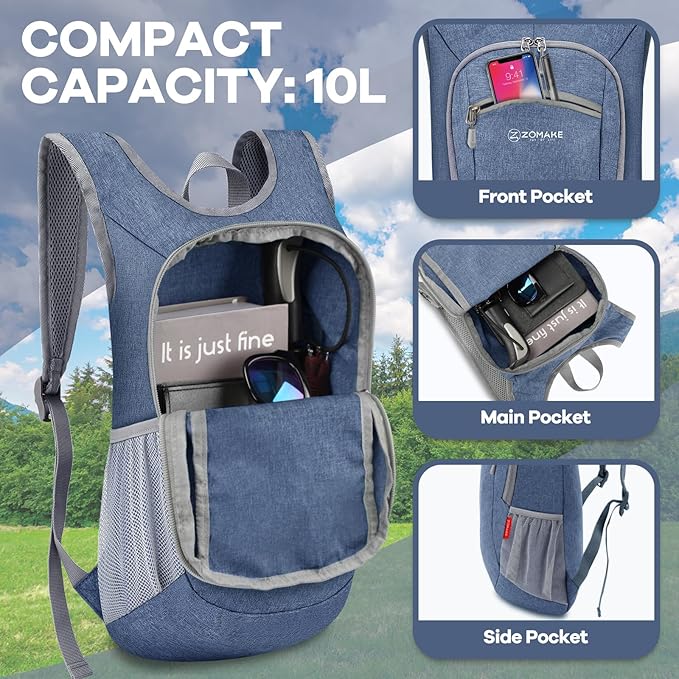 ZOMAKE Ultra Lightweight Packable Backpack 10L,Small Foldable Backpacks Hiking Water Resistant Collapsible Daypack for Women Men(Navy Blue-A1)