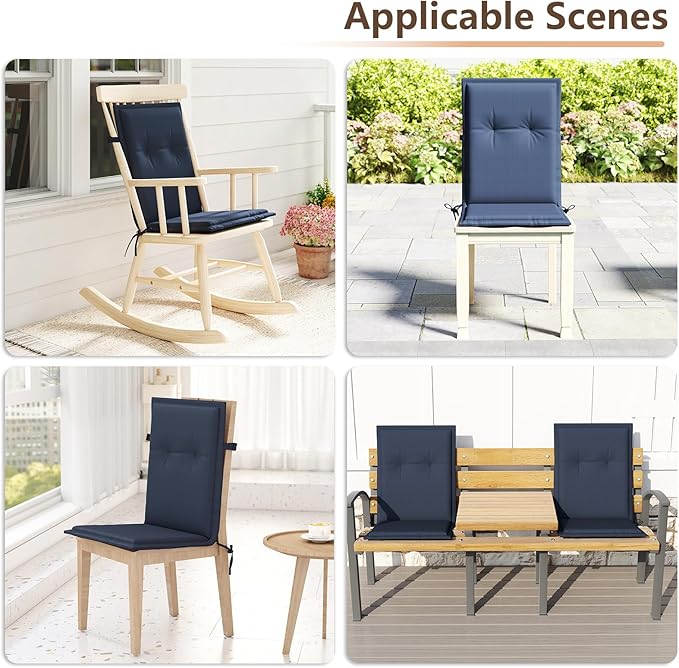 C-Hopetree Indoor High Back Rocking Chair Cushions for Glider and Swivel Rocker, Outdoor Replacement Highback Dining Seat Pads with Back Elastic and Ties, 18" x 42" x 1.5", Navy Blue, Set of 2