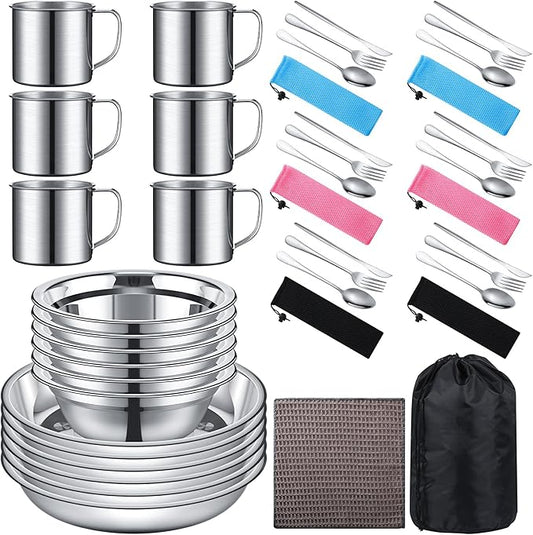 Lallisa Outdoor Camping Cookware Mess Kit Polished Stainless Steel Dishes Camping Utensils Portable Tableware with Plates Cups Spoons Forks Knives Mesh Bag for Backpacking Hiking
