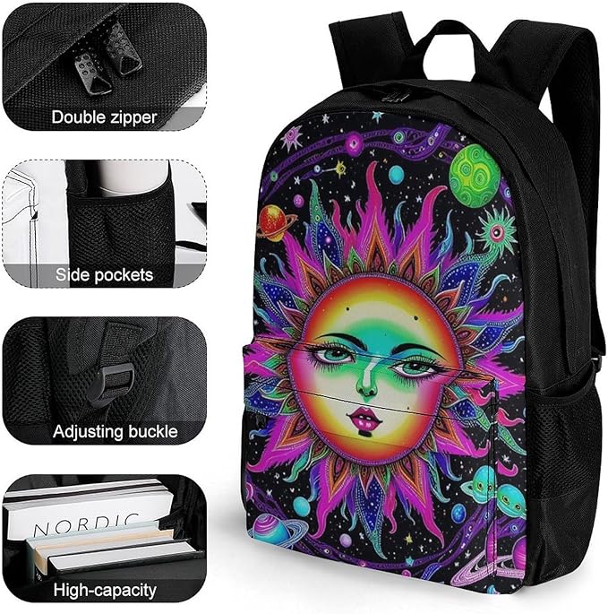 Supdreamc Men Women Lightweight Psychedelic Sun And Moon Neon Art Daypack Bookbag Big Capacity Carry On Bag With Side Pockets for Camping Travel Bicycle