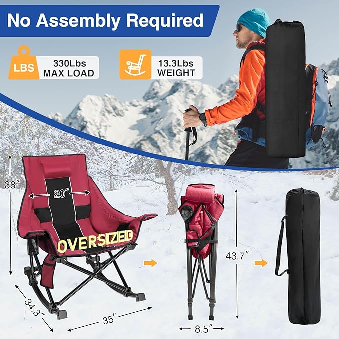 Slendor Heated Rocking Camping Chair with Padded & Pillow, 2000mAh Power Bank, 3 Adjustable Heat Settings, Oversized Camping Chair for Easy Setup and Foldable Storage, Red
