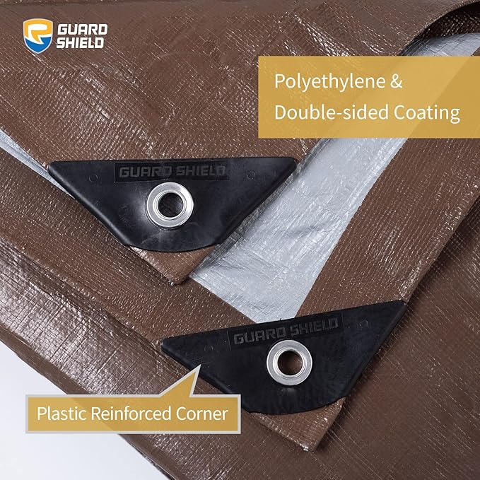 GUARD SHIELD Tarps Heavy Duty Waterproof 12x24 Feet Brown/Bright Silver Poly Tarp Cover Square Outdoor Thick UV Resistant Tarpaulin with Grommets 10mil