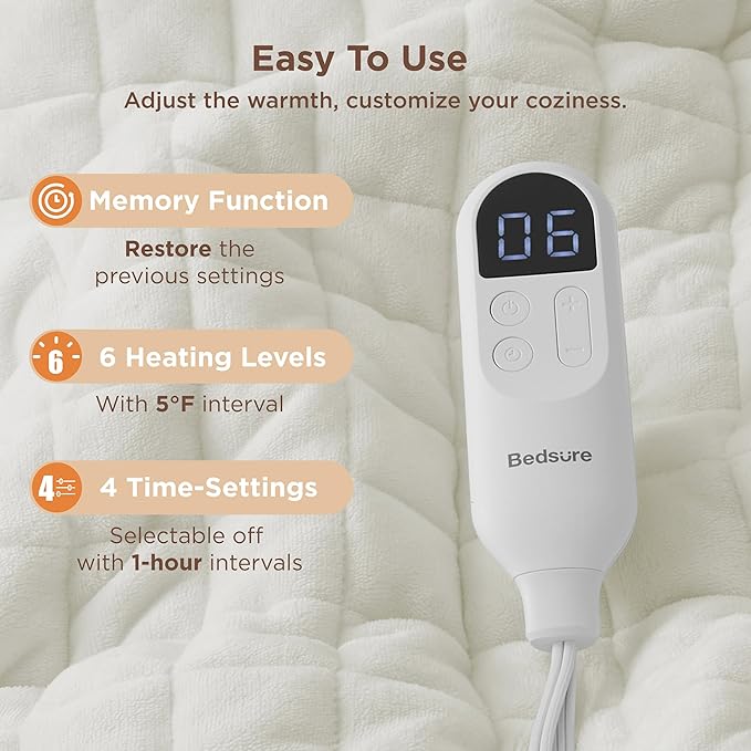 Bedsure Heated Blanket Throw Blanket - Quilted Electric Blanket, Soft Flannel Thick Heating Blanket with 4 Time Settings & 6 Heating Settings, Warm Gifts for Women Men (50x60 inches, Ivory)